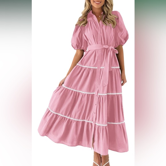Amazon PrettyGarden Button Down Tiered Puffy Sleeve Pink Midi Dress - Picture 1 of 4